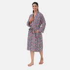 THE MASSIVE REDUCTION - Sukriti 100% Cotton Screen Print Waffle Bath Robe with Pockets (One Size) - Navy, Blue and Pink