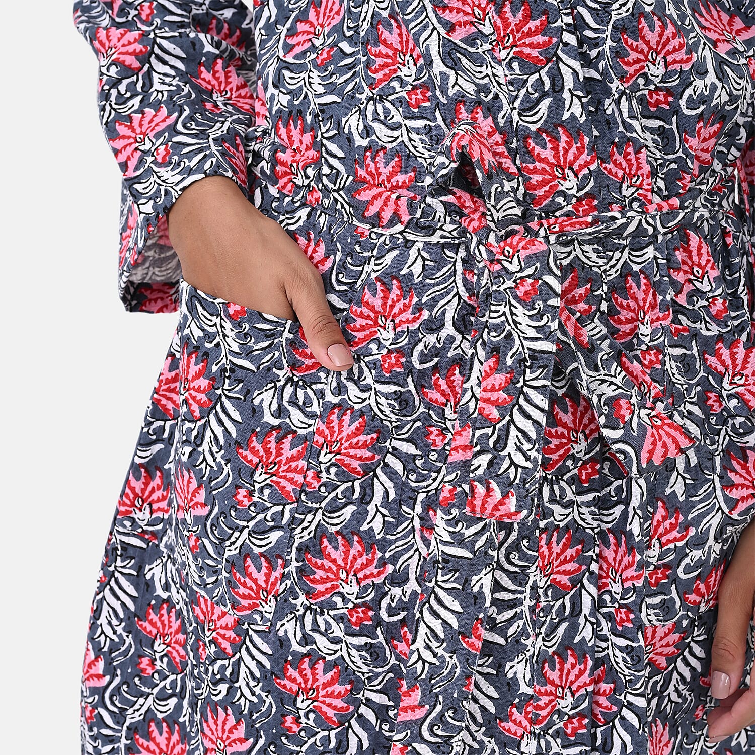 THE MASSIVE REDUCTION - Sukriti 100% Cotton Screen Print Waffle Bath Robe with Pockets (One Size) - Navy, Blue and Pink