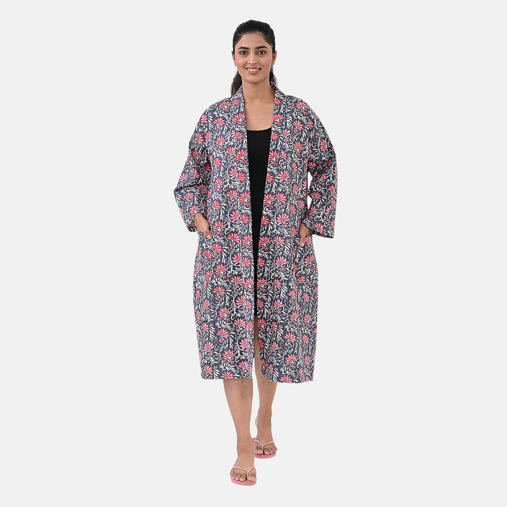 THE MASSIVE REDUCTION - Sukriti 100% Cotton Screen Print Waffle Bath Robe with Pockets (One Size) - Navy, Blue and Pink
