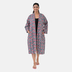 THE MASSIVE REDUCTION - Sukriti 100% Cotton Screen Print Waffle Bath Robe with Pockets (One Size) - Navy, Blue and Pink
