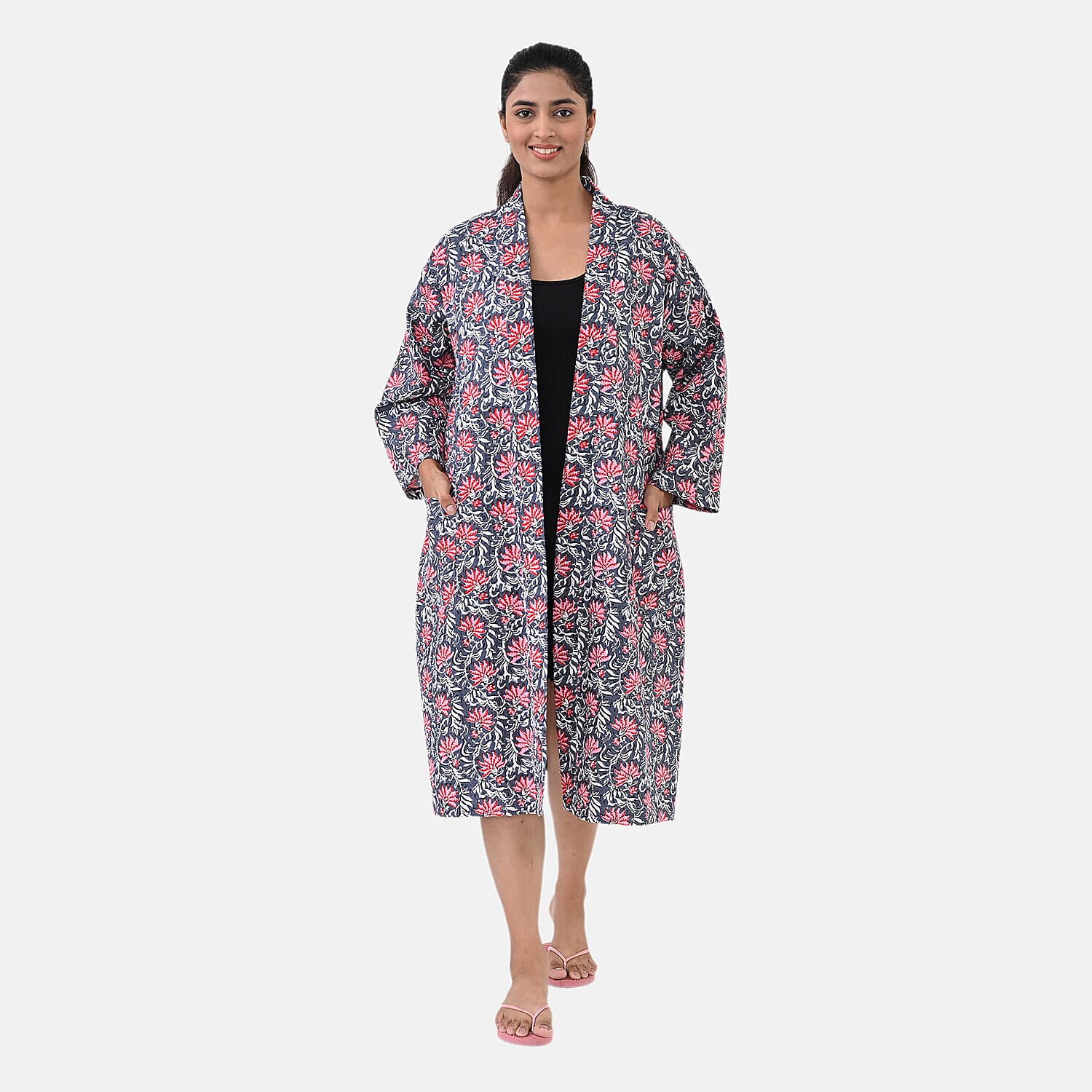THE MASSIVE REDUCTION - Sukriti 100% Cotton Screen Print Waffle Bath Robe with Pockets (One Size) - Navy, Blue and Pink