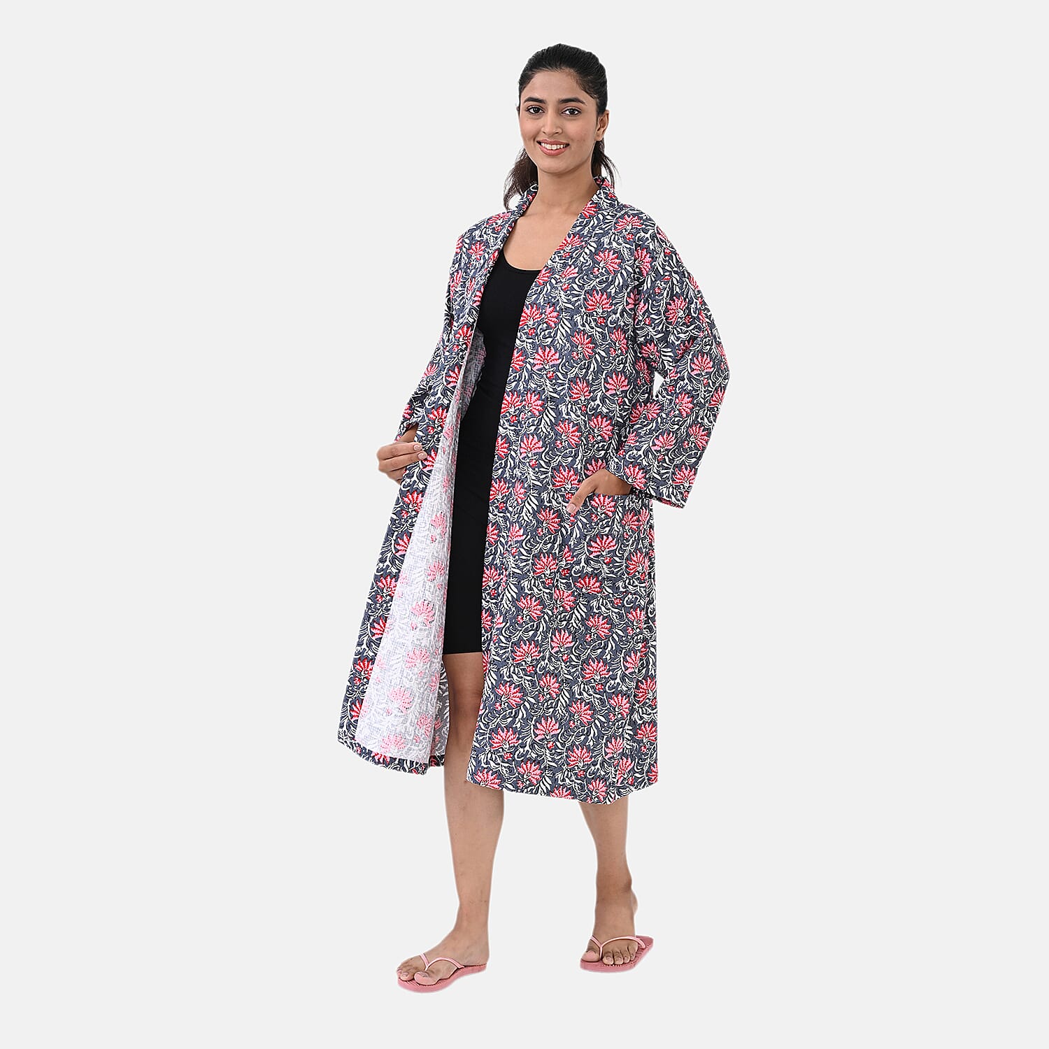 THE MASSIVE REDUCTION - Sukriti 100% Cotton Screen Print Waffle Bath Robe with Pockets (One Size) - Navy, Blue and Pink