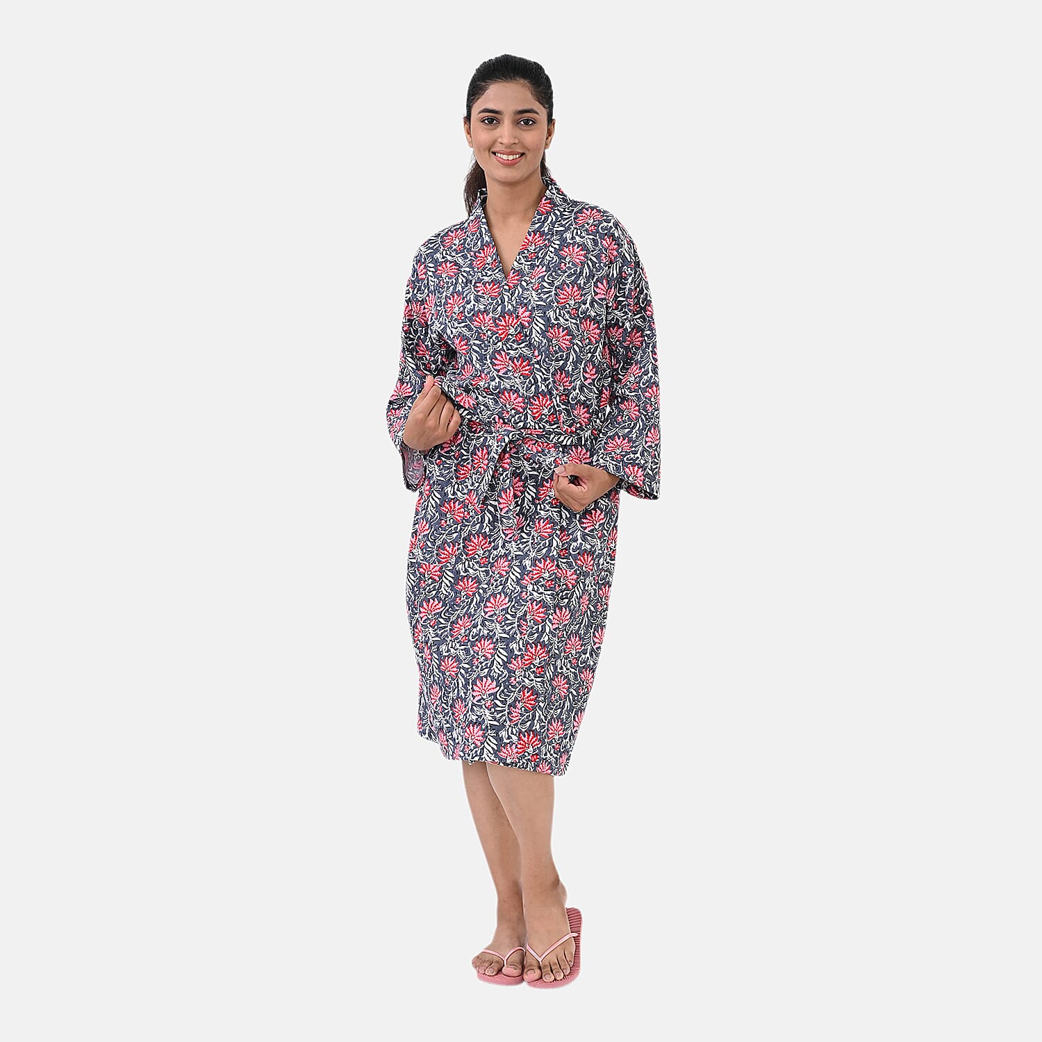 THE MASSIVE REDUCTION - Sukriti 100% Cotton Screen Print Waffle Bath Robe with Pockets (One Size) - Navy, Blue and Pink