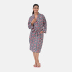 THE MASSIVE REDUCTION - Sukriti 100% Cotton Screen Print Waffle Bath Robe with Pockets (One Size) - Navy, Blue and Pink