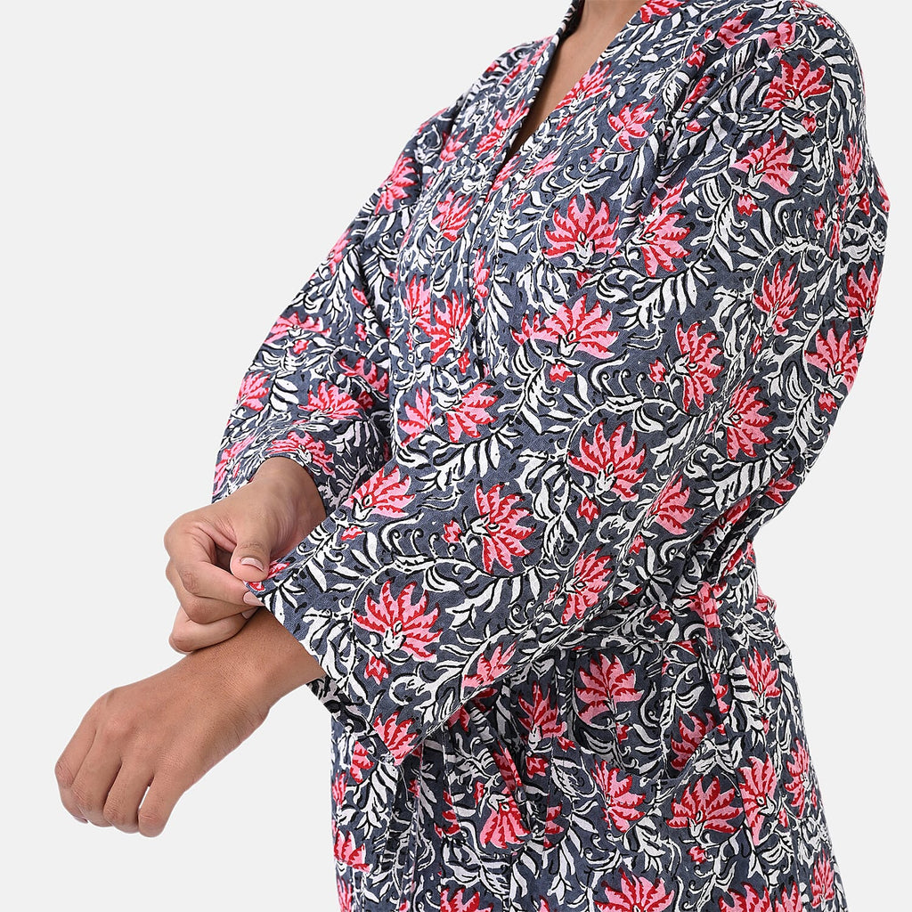 THE MASSIVE REDUCTION - Sukriti 100% Cotton Screen Print Waffle Bath Robe with Pockets (One Size) - Navy, Blue and Pink