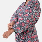 THE MASSIVE REDUCTION - Sukriti 100% Cotton Screen Print Waffle Bath Robe with Pockets (One Size) - Navy, Blue and Pink