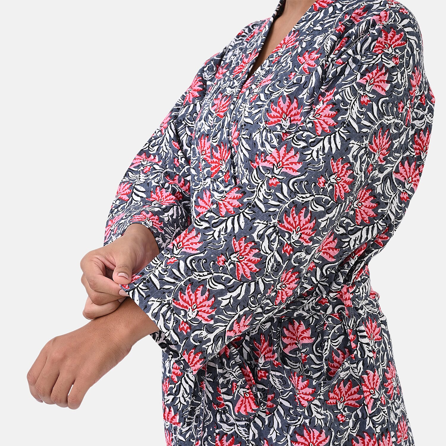 THE MASSIVE REDUCTION - Sukriti 100% Cotton Screen Print Waffle Bath Robe with Pockets (One Size) - Navy, Blue and Pink