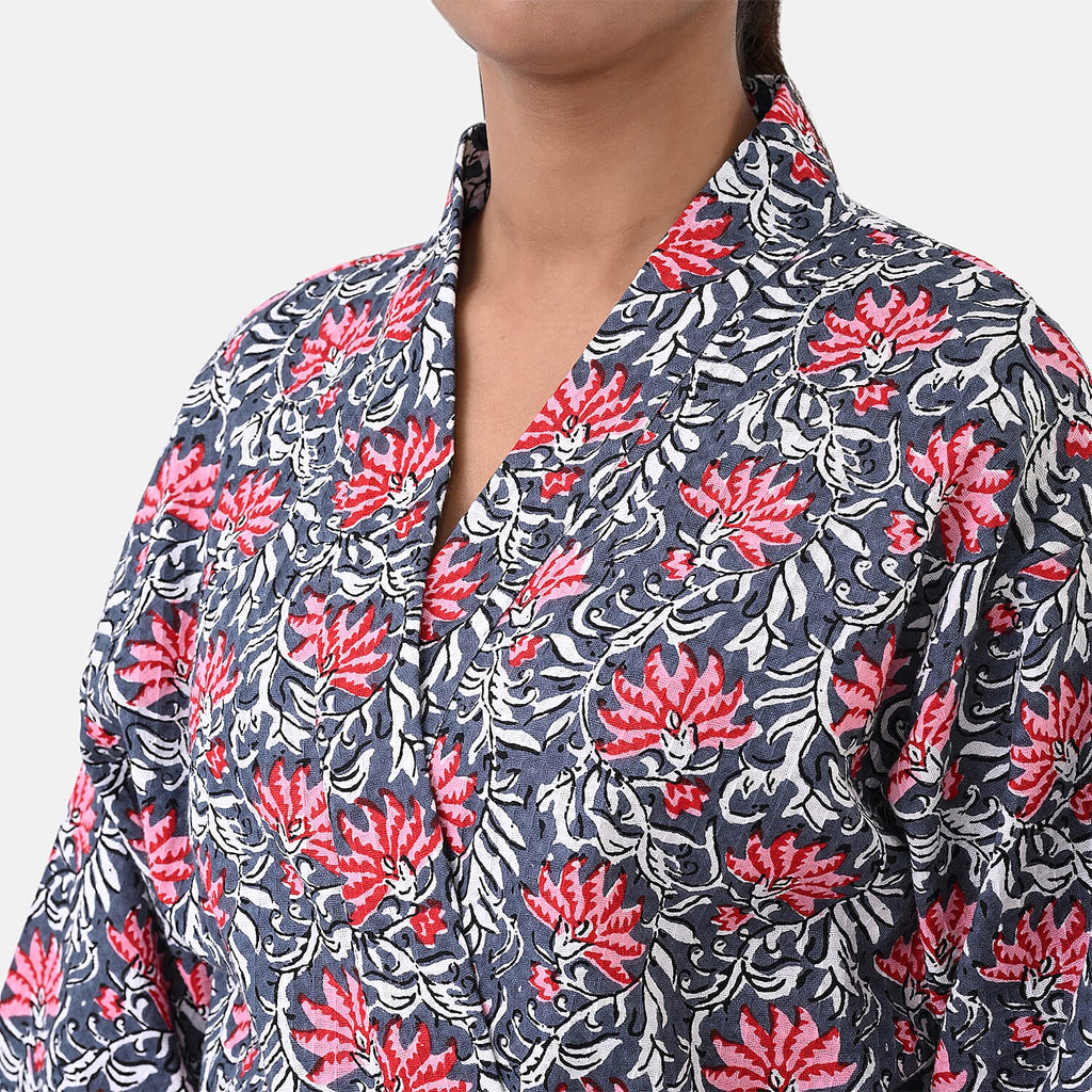 THE MASSIVE REDUCTION - Sukriti 100% Cotton Screen Print Waffle Bath Robe with Pockets (One Size) - Navy, Blue and Pink