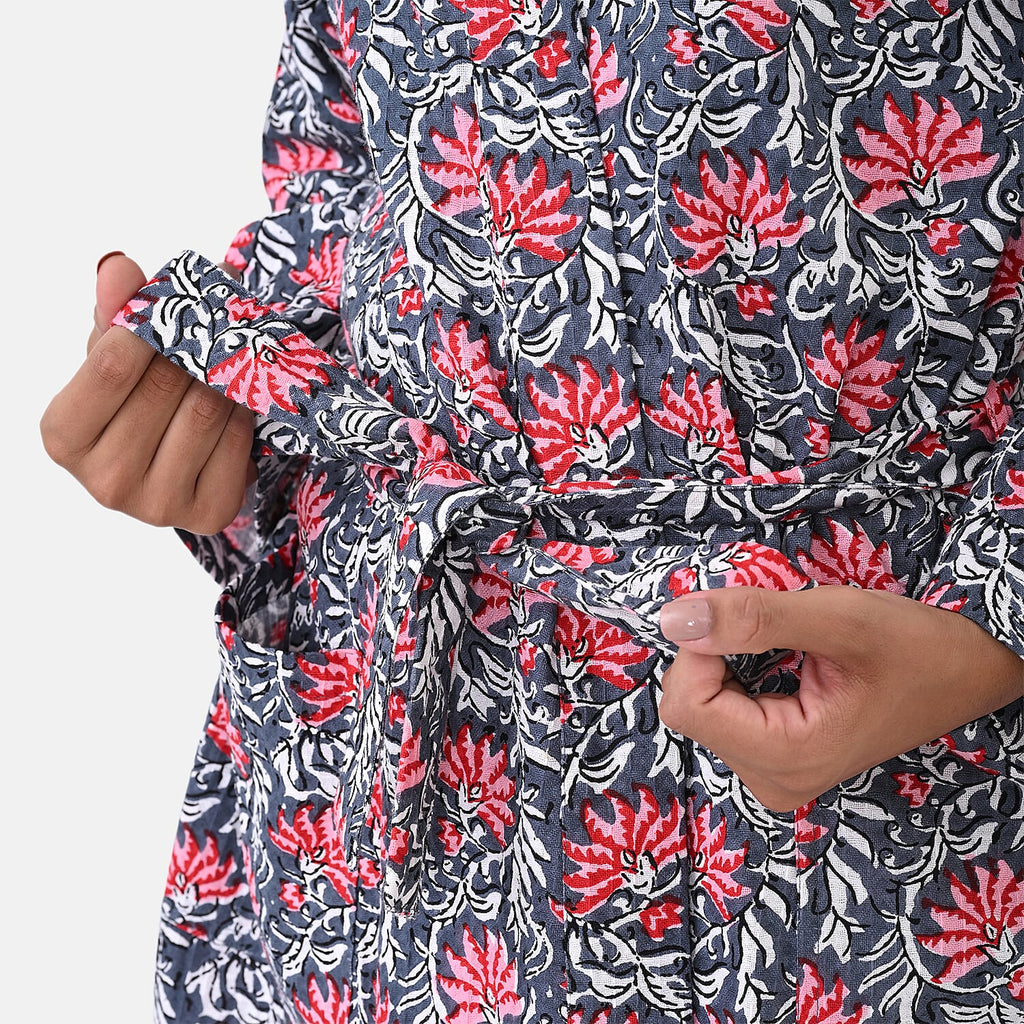 THE MASSIVE REDUCTION - Sukriti 100% Cotton Screen Print Waffle Bath Robe with Pockets (One Size) - Navy, Blue and Pink