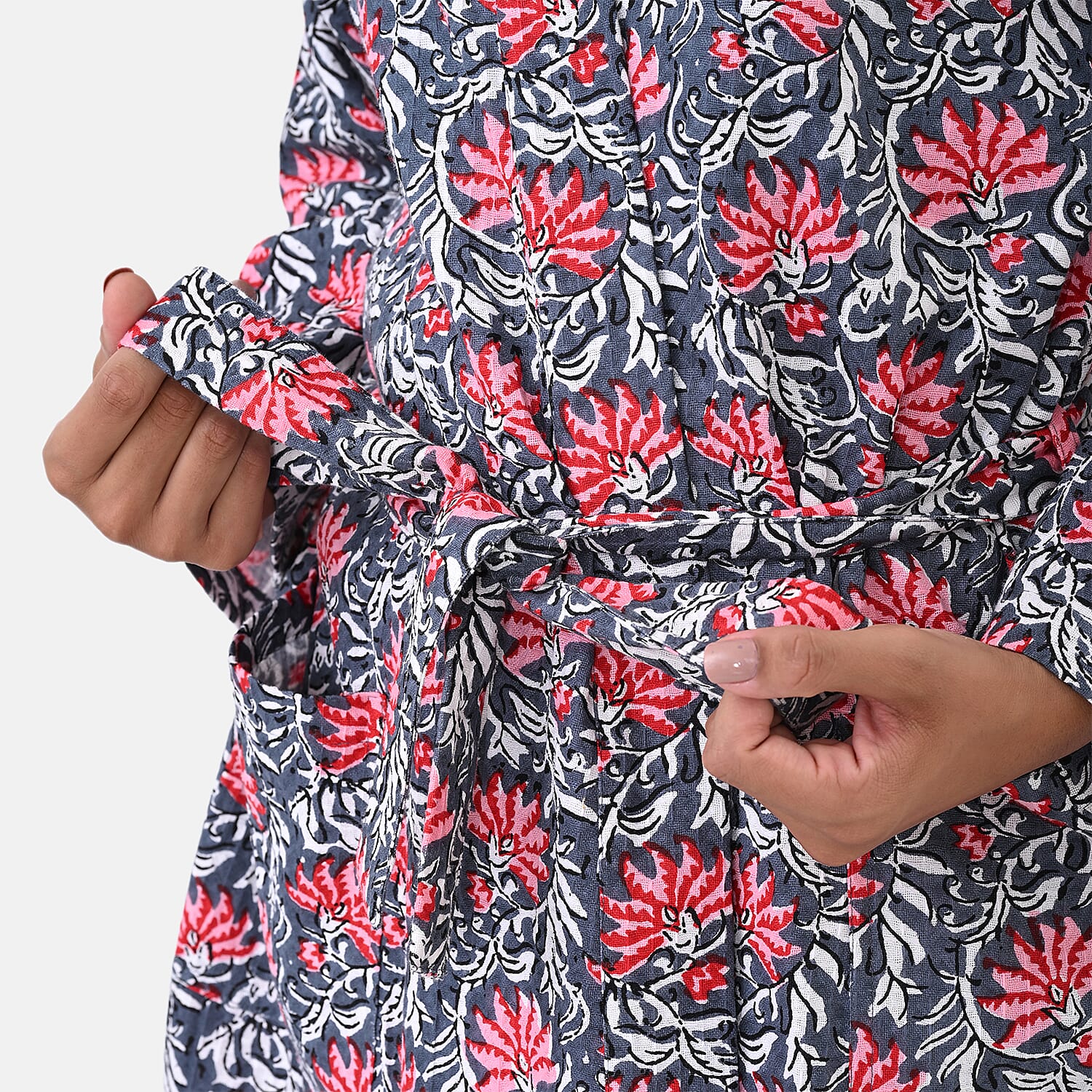 THE MASSIVE REDUCTION - Sukriti 100% Cotton Screen Print Waffle Bath Robe with Pockets (One Size) - Navy, Blue and Pink