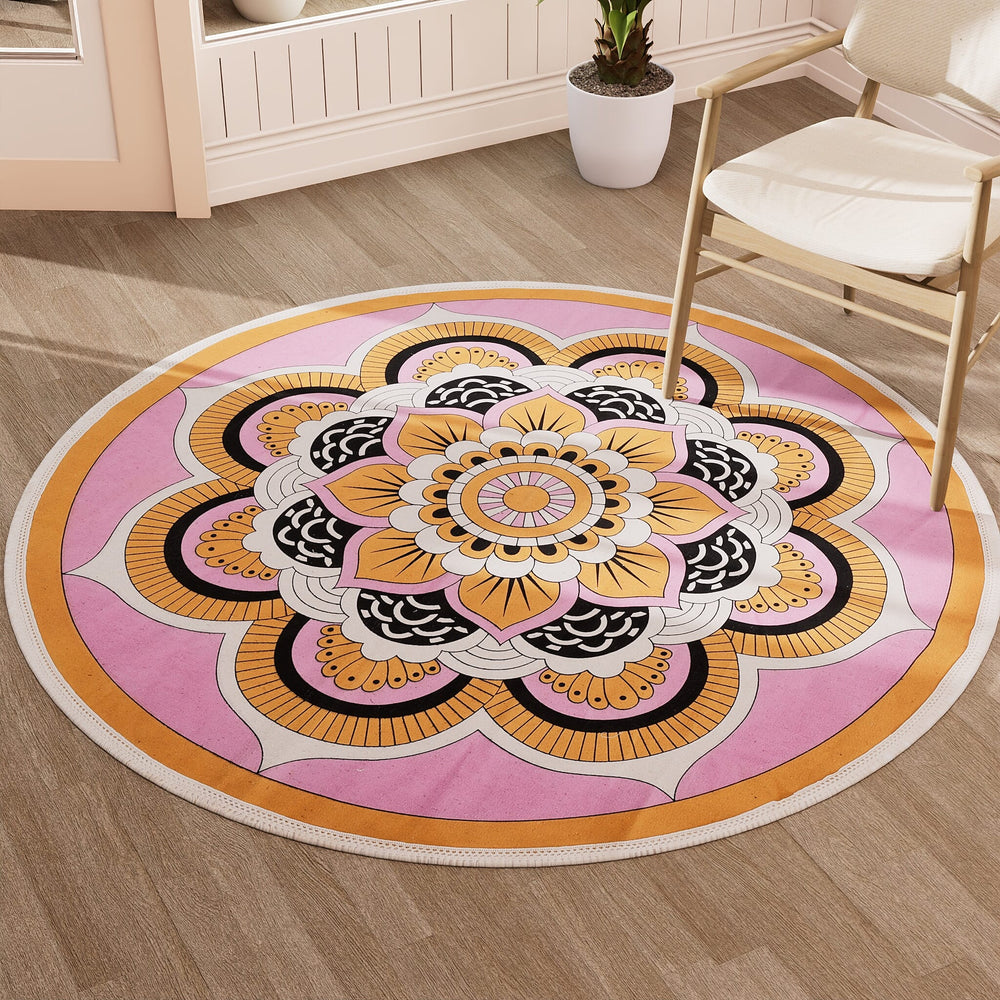 Multipurpose Retro Floral Pattern Round Rug (5ft Diameter) - Maroon