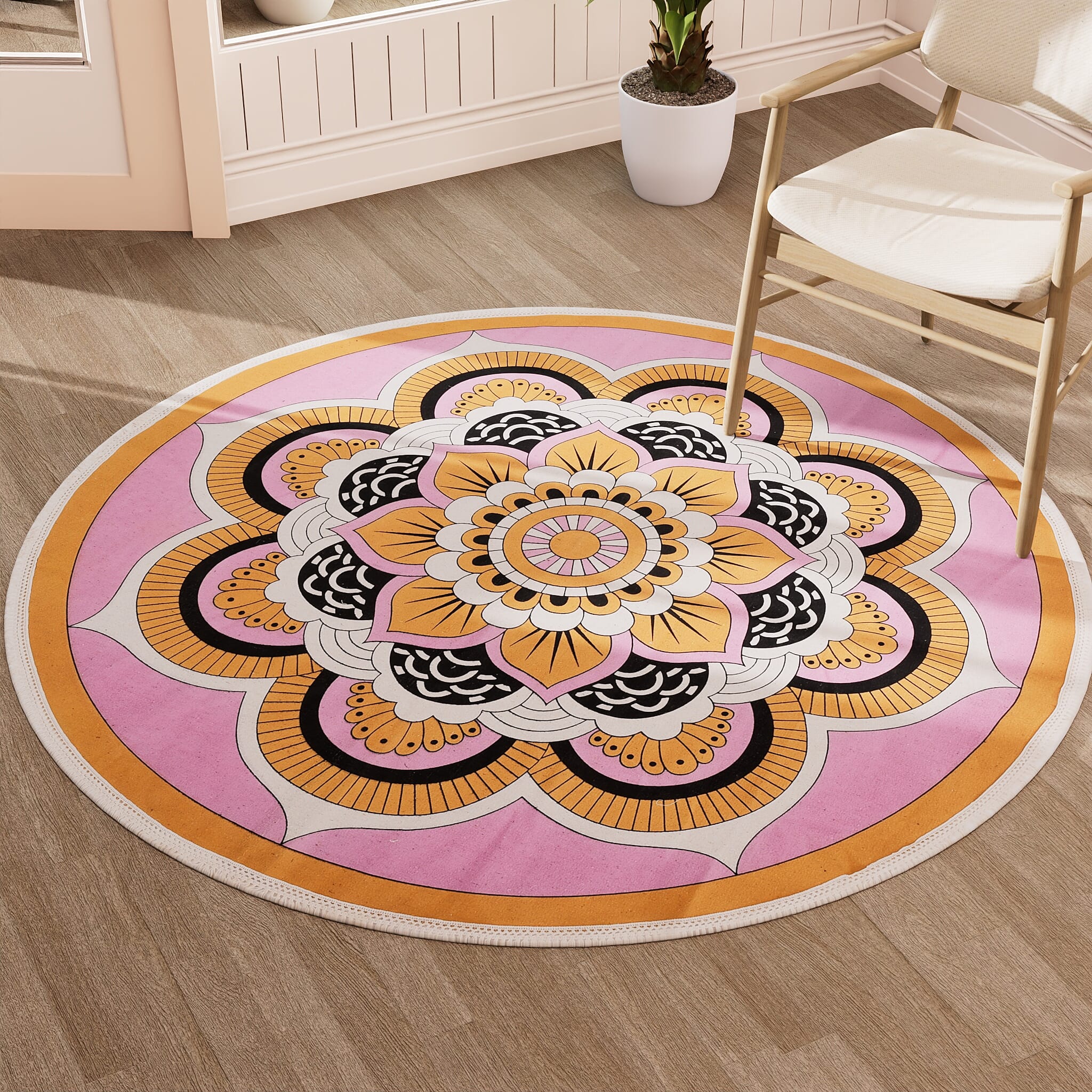 Multipurpose Retro Floral Pattern Round Rug (5ft Diameter) - Maroon