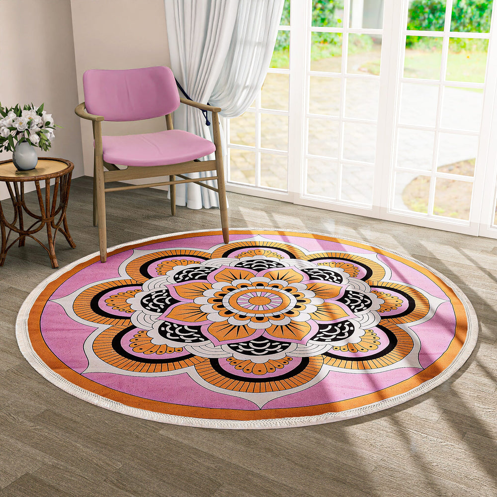 Multipurpose Retro Floral Pattern Round Rug (5ft Diameter) - Maroon