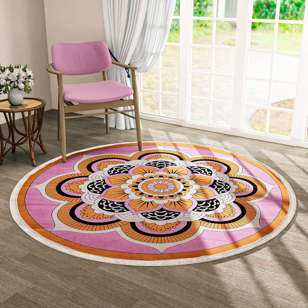 Multipurpose Retro Floral Pattern Round Rug (5ft Diameter) - Maroon