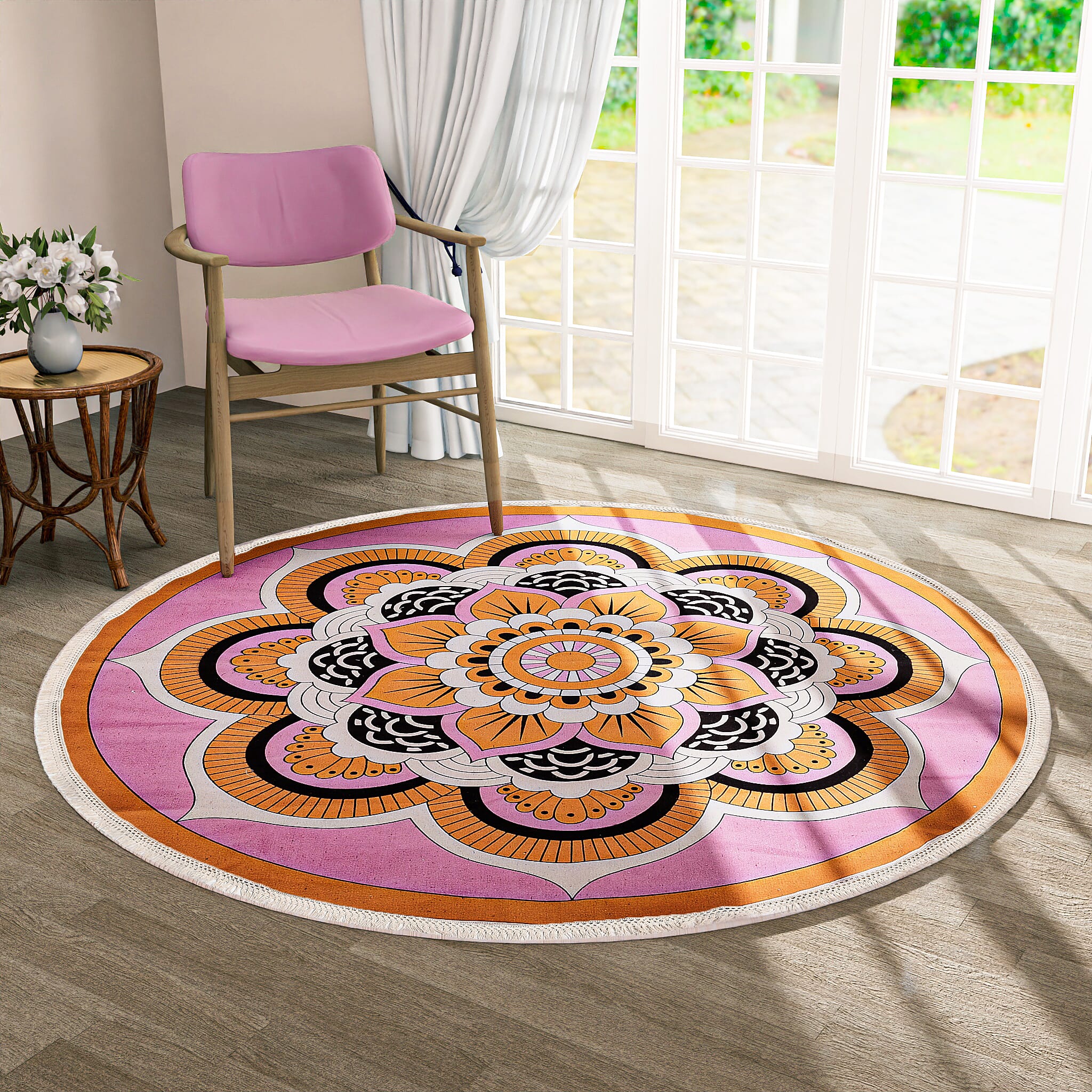Multipurpose Retro Floral Pattern Round Rug (5ft Diameter) - Maroon