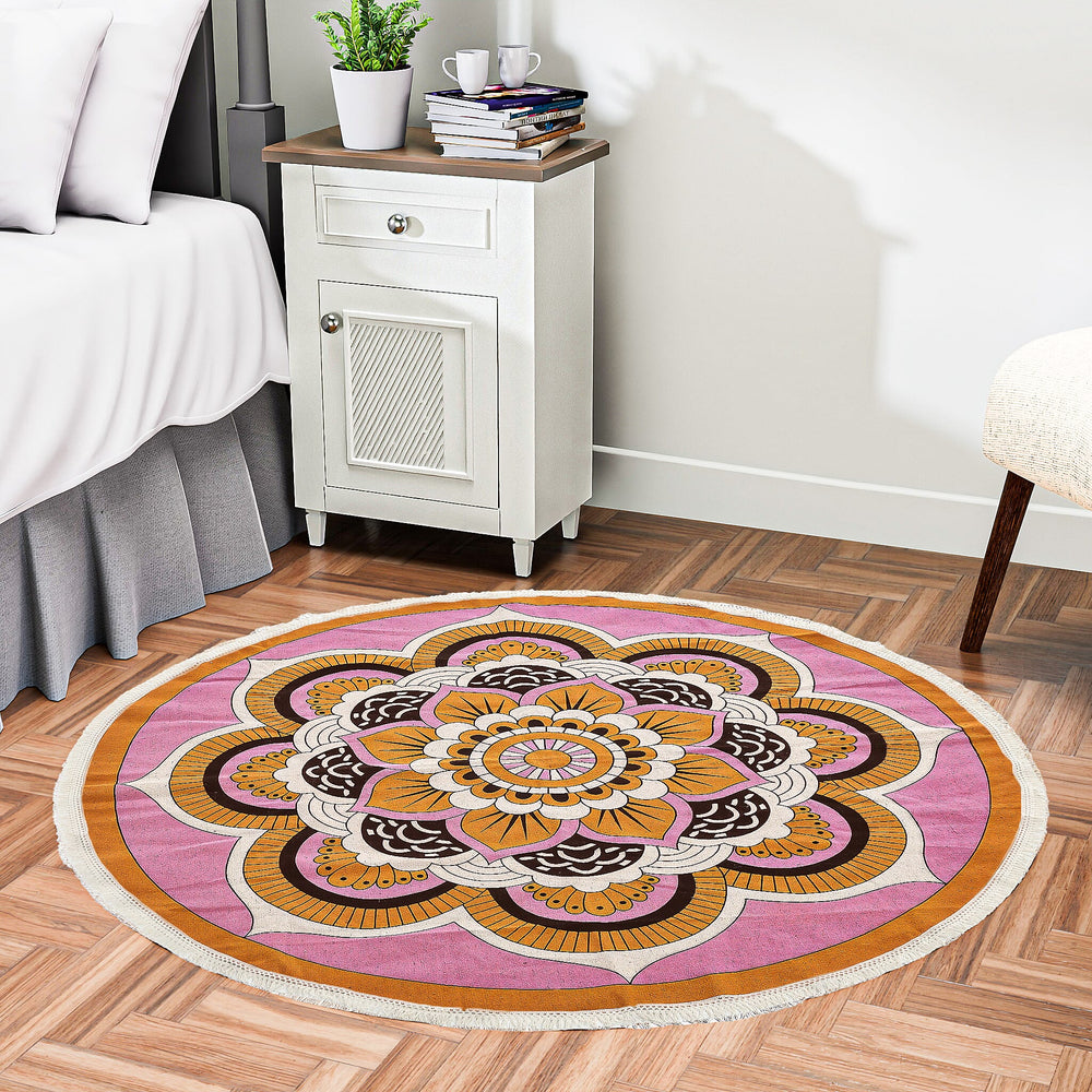 Multipurpose Retro Floral Pattern Round Rug (5ft Diameter) - Maroon