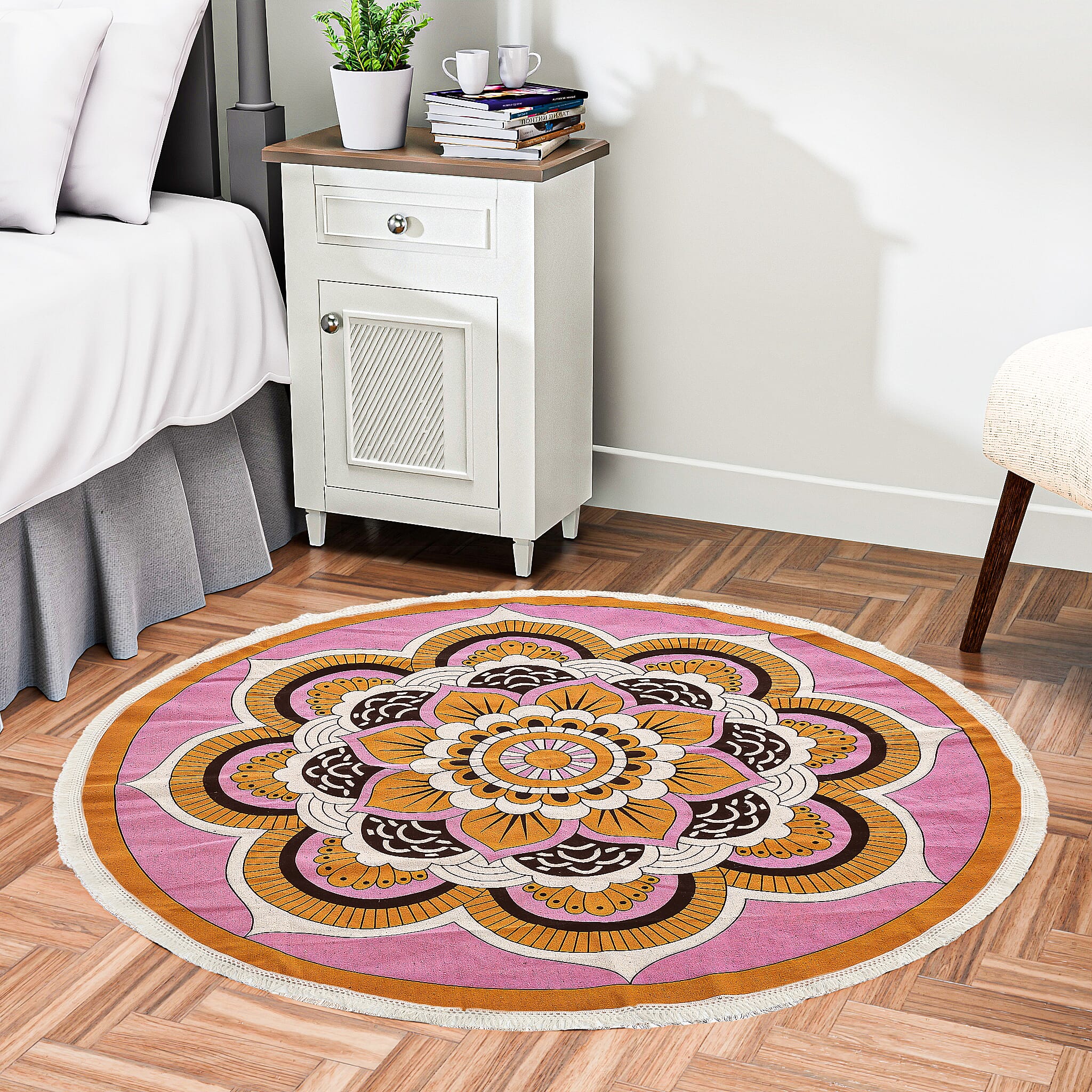 Multipurpose Retro Floral Pattern Round Rug (5ft Diameter) - Maroon