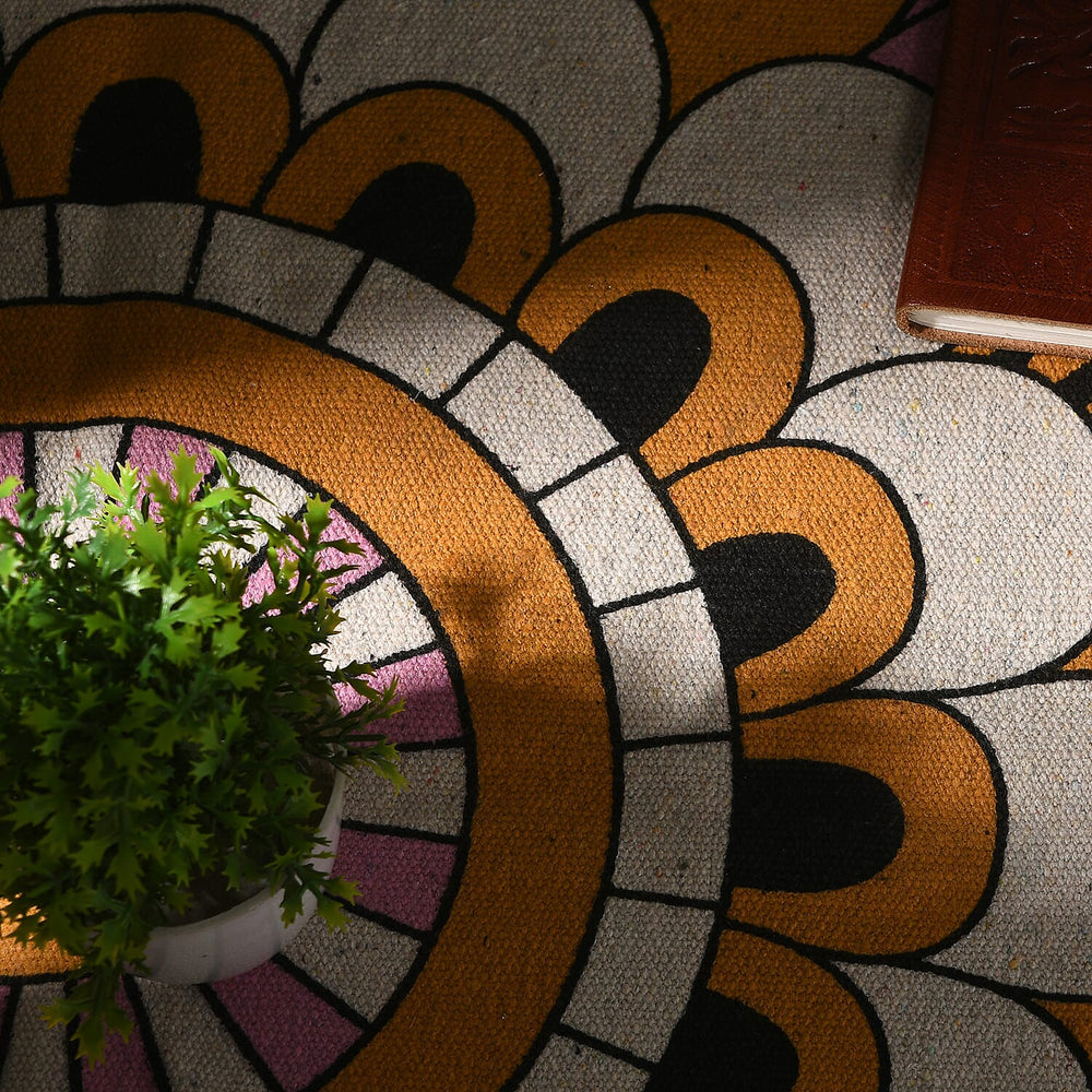 Multipurpose Retro Floral Pattern Round Rug (5ft Diameter) - Maroon