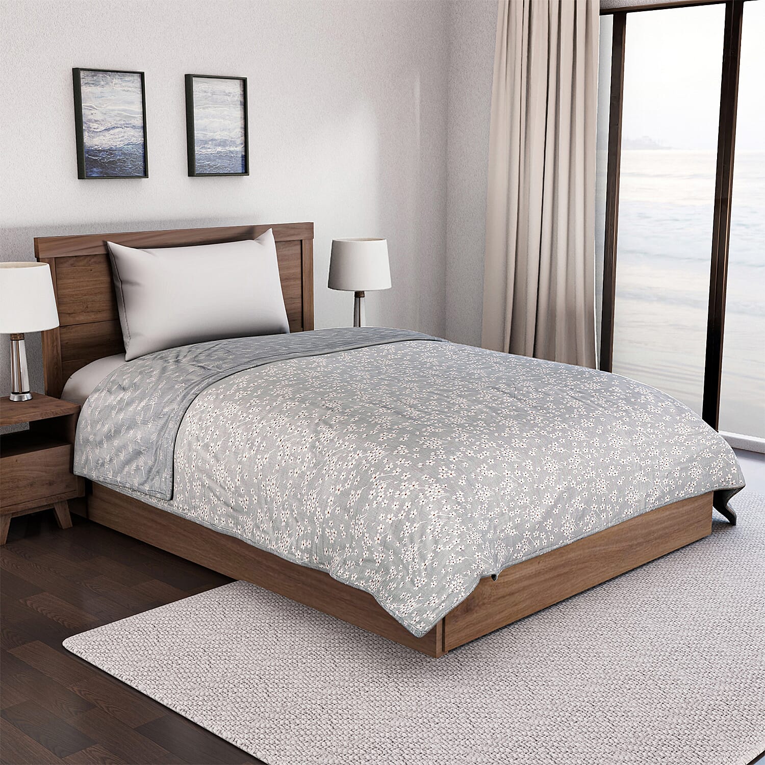 Cotton Printed Throw Blanket (Size 150x1 cm) - Grey & White