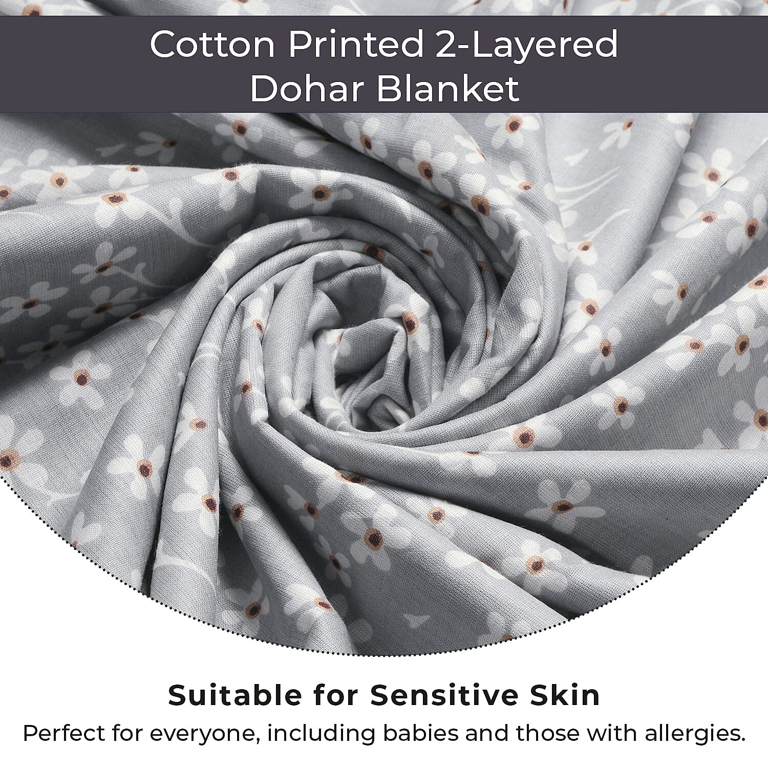 Cotton Printed Throw Blanket (Size 150x1 cm) - Grey & White