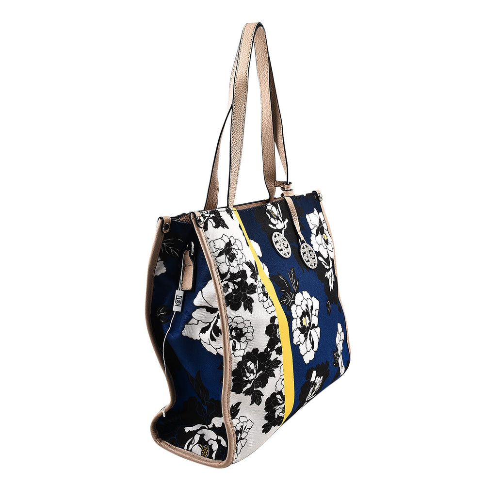 KTD by Kenzo Takada Leather and Cotton Canvas Floral Printed Tote Bag - Blue - White