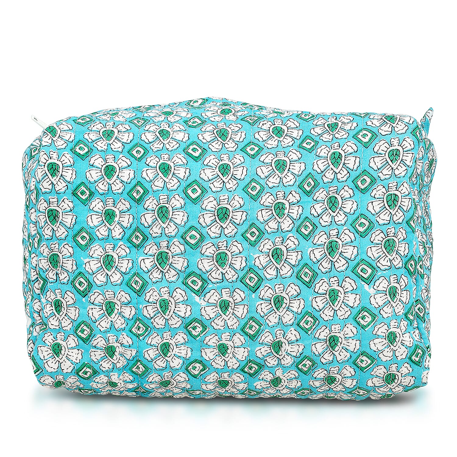 Set of 4- Floral Print Quilted Fabric Cosmetic Pouches - Turquoise Green & White