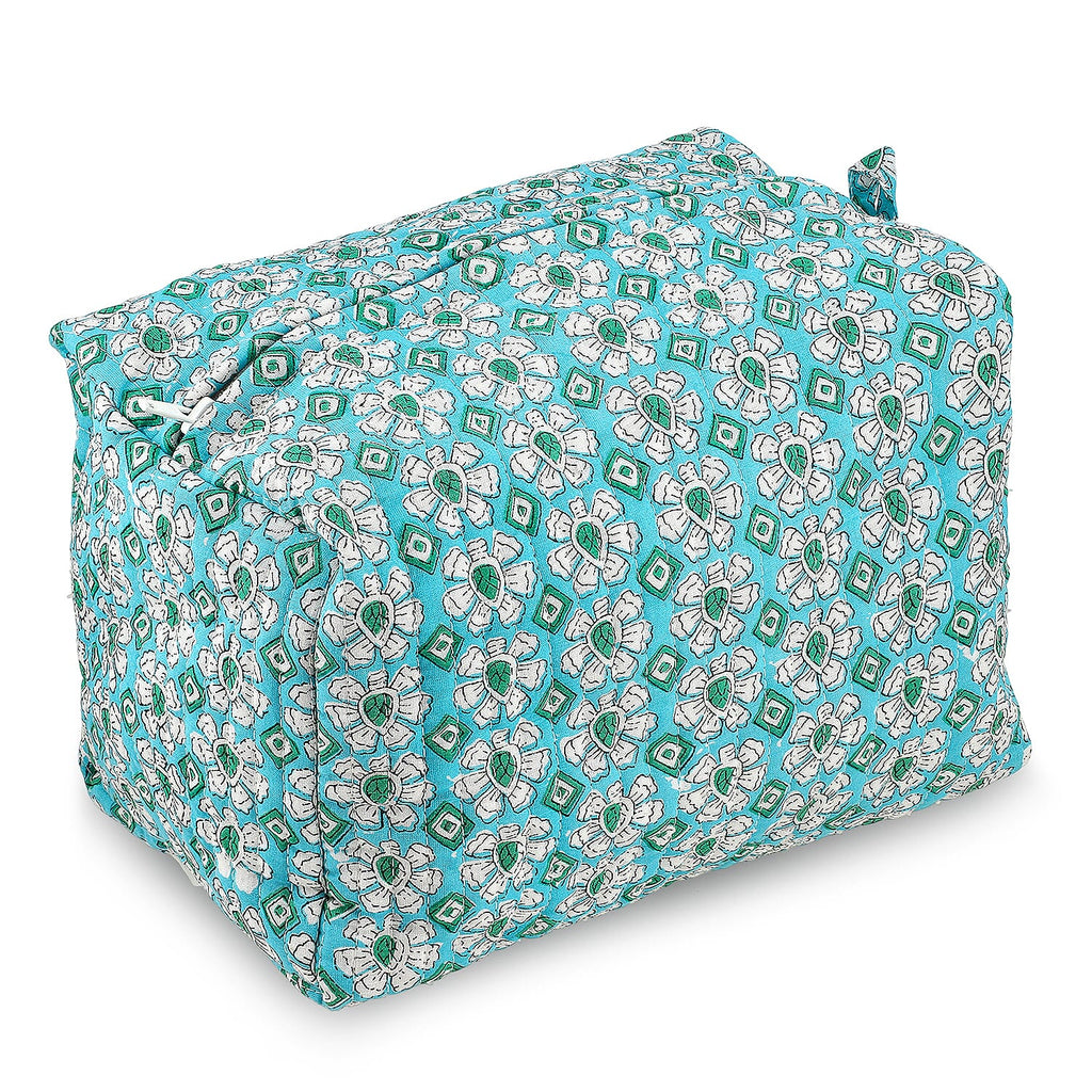 Set of 4- Floral Print Quilted Fabric Cosmetic Pouches - Turquoise Green & White