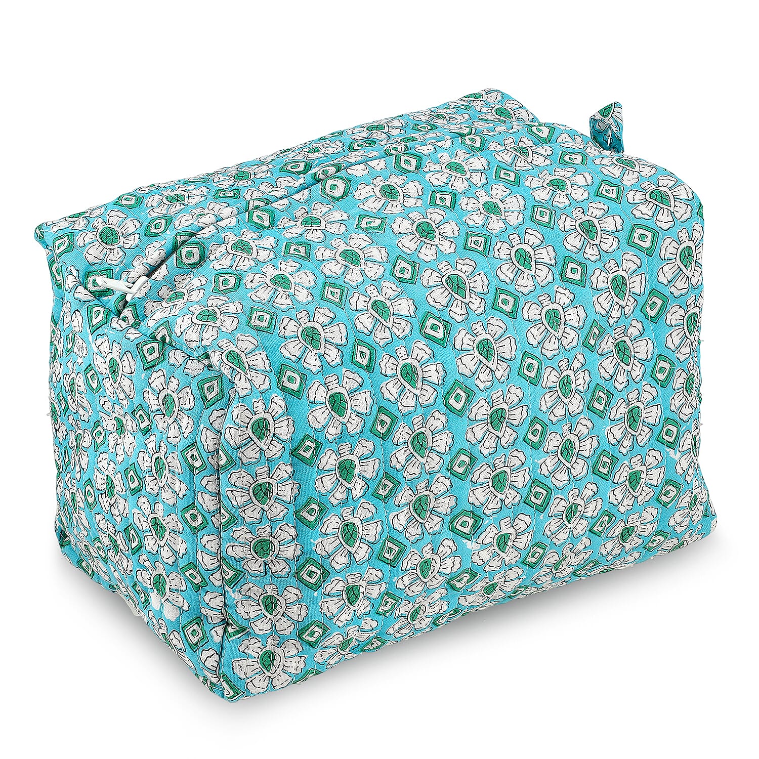 Set of 4- Floral Print Quilted Fabric Cosmetic Pouches - Turquoise Green & White