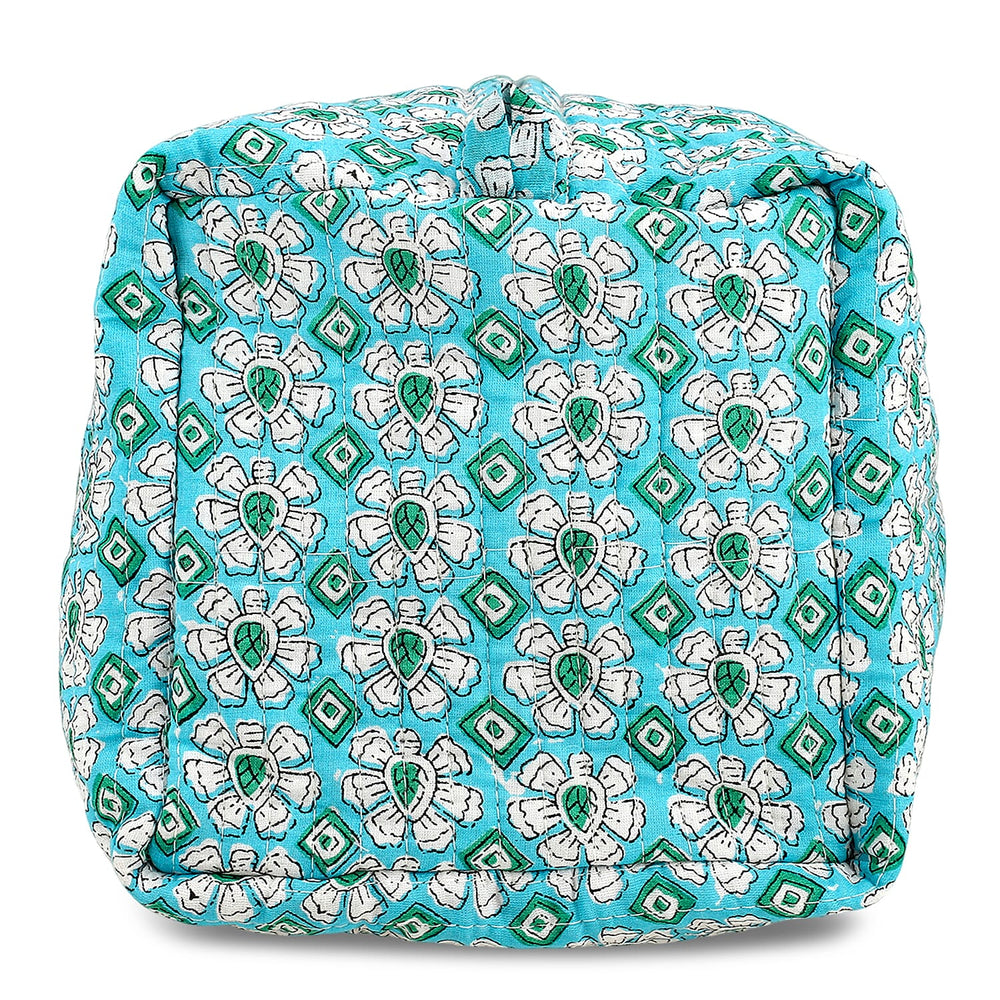 Set of 4- Floral Print Quilted Fabric Cosmetic Pouches - Turquoise Green & White