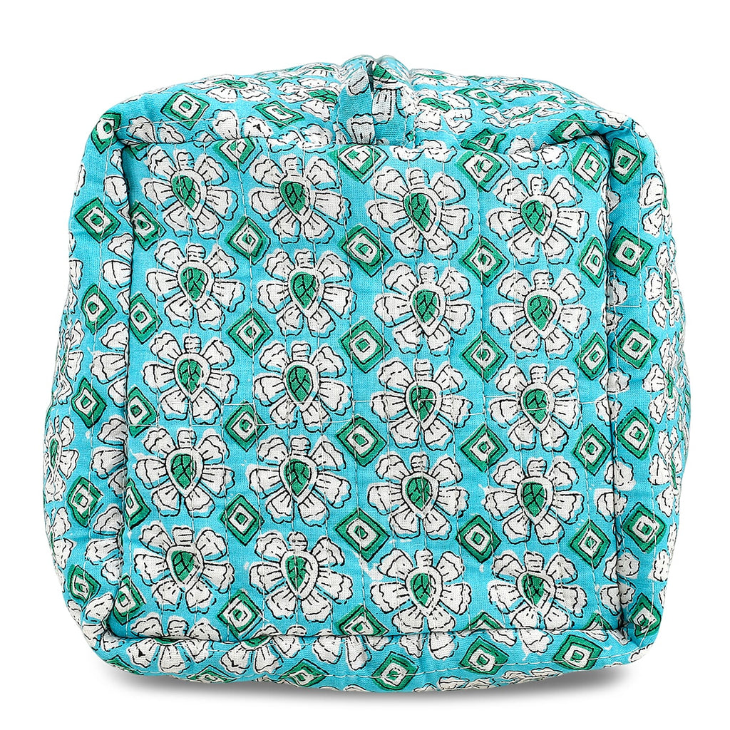 Set of 4- Floral Print Quilted Fabric Cosmetic Pouches - Turquoise Green & White