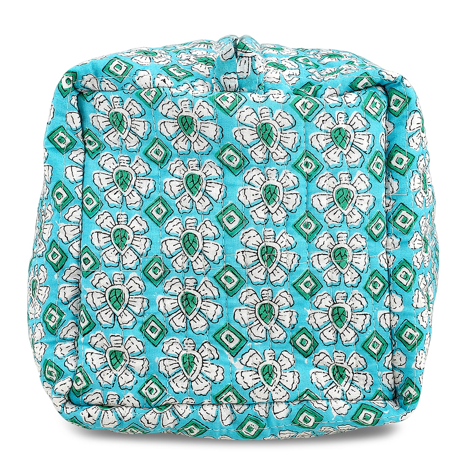 Set of 4- Floral Print Quilted Fabric Cosmetic Pouches - Turquoise Green & White
