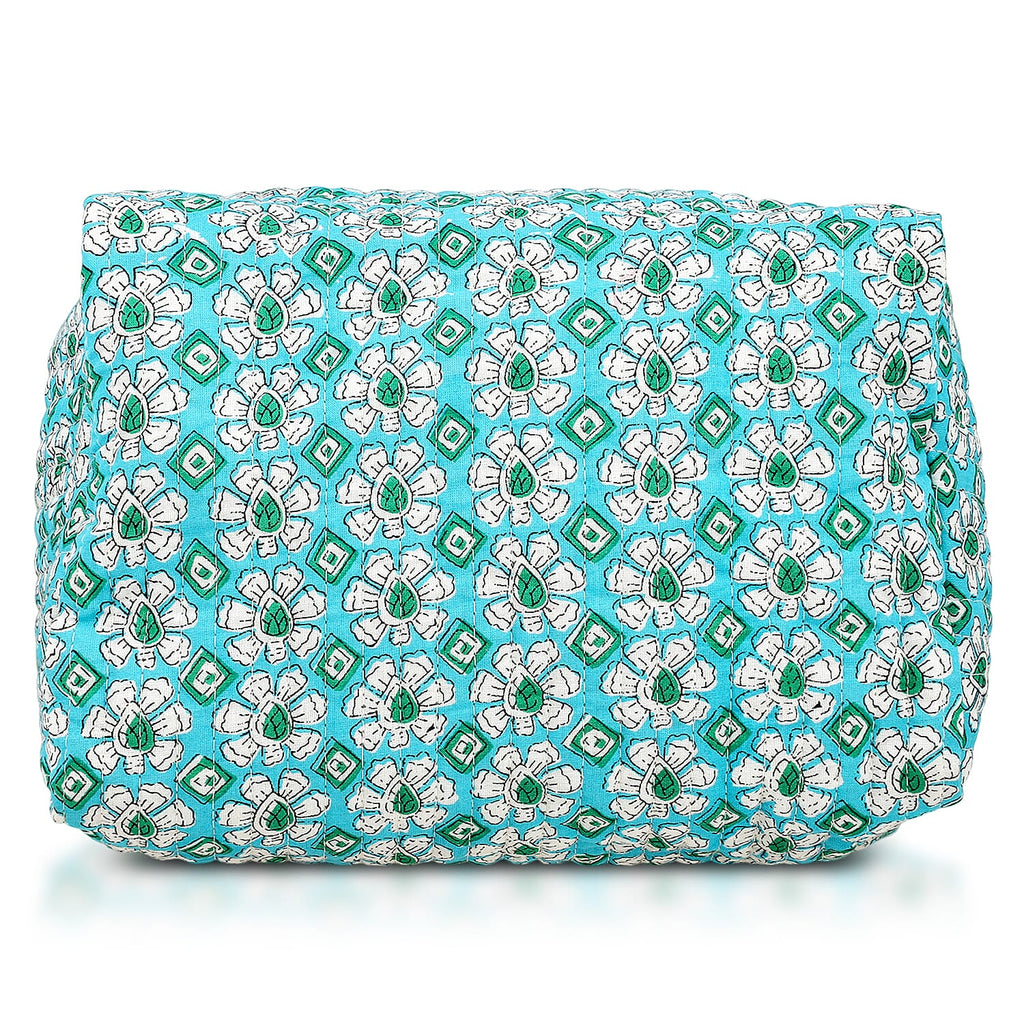 Set of 4- Floral Print Quilted Fabric Cosmetic Pouches - Turquoise Green & White