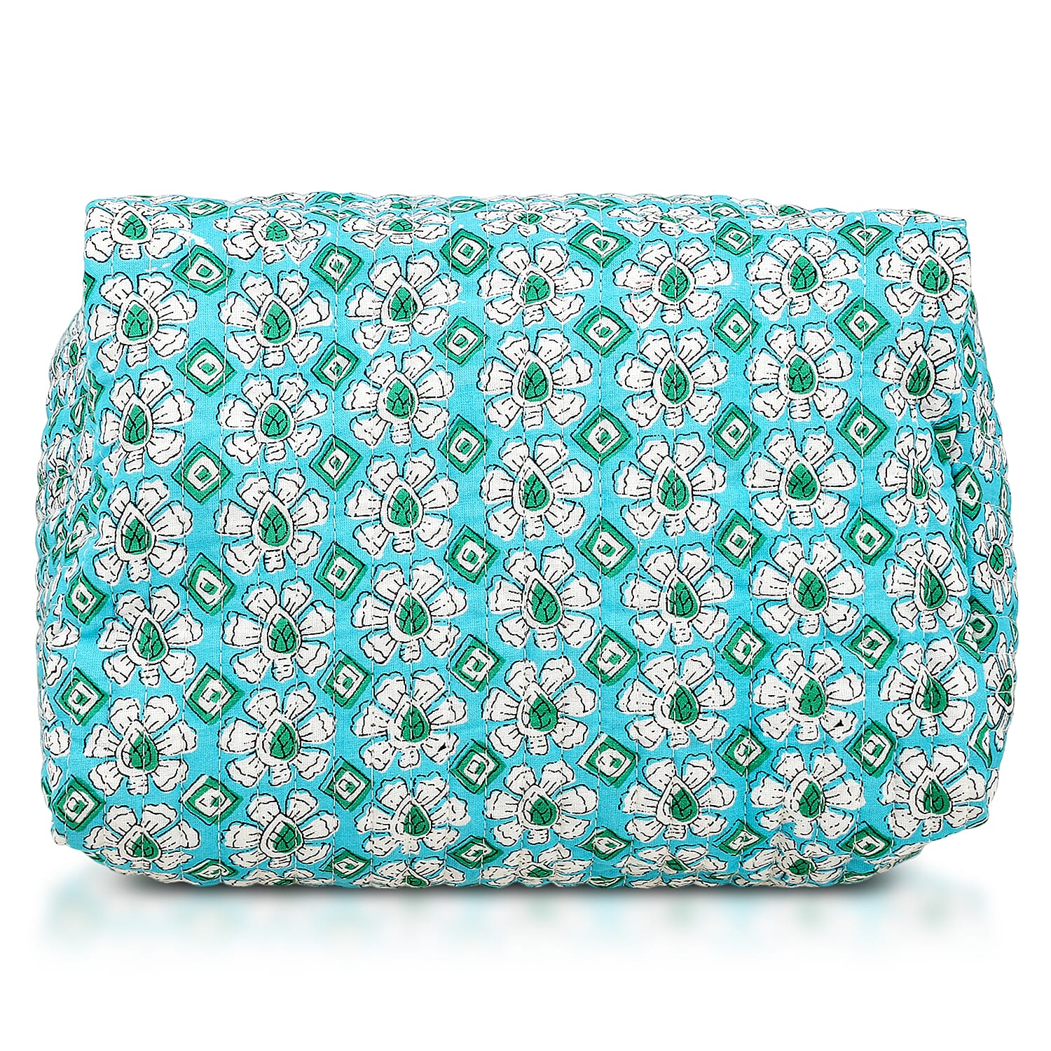 Set of 4- Floral Print Quilted Fabric Cosmetic Pouches - Turquoise Green & White