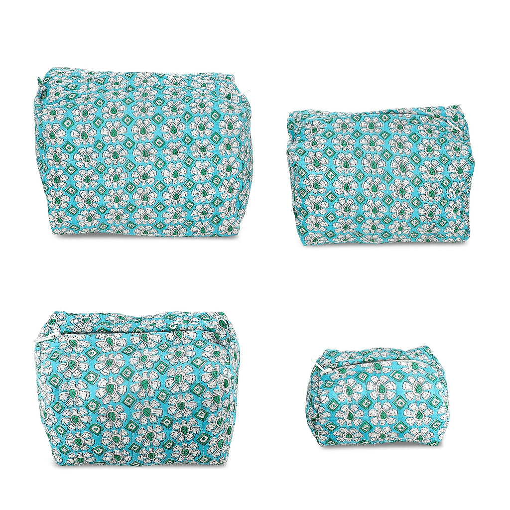 Set of 4- Floral Print Quilted Fabric Cosmetic Pouches - Turquoise Green & White