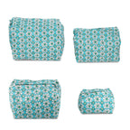 Set of 4- Floral Print Quilted Fabric Cosmetic Pouches - Turquoise Green & White