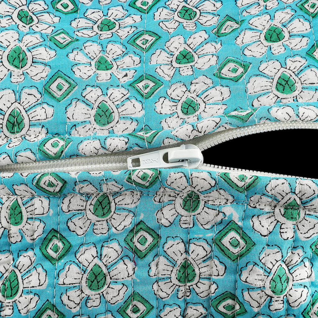 Set of 4- Floral Print Quilted Fabric Cosmetic Pouches - Turquoise Green & White