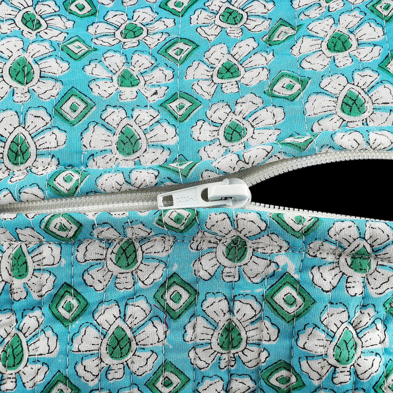 Set of 4- Floral Print Quilted Fabric Cosmetic Pouches - Turquoise Green & White
