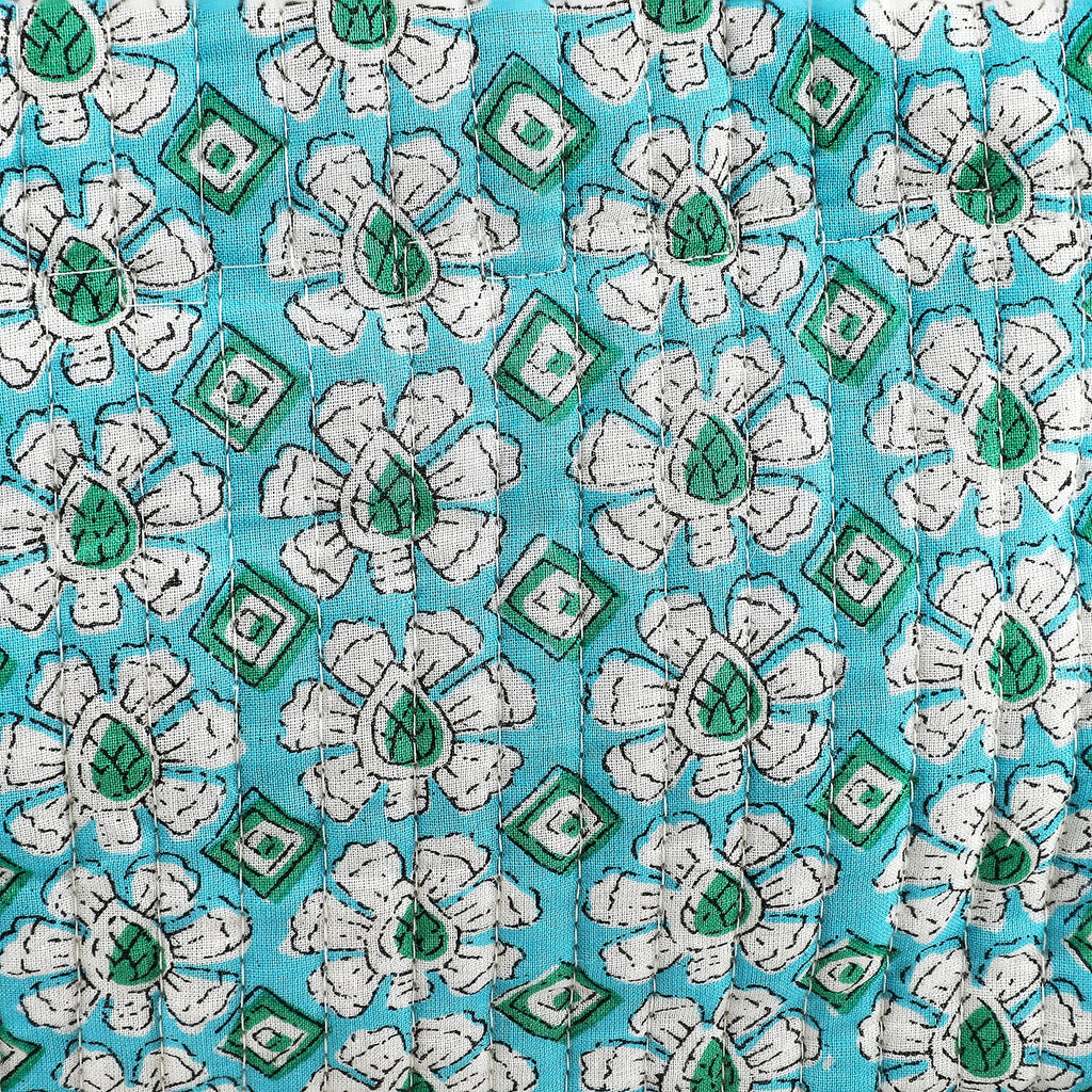 Set of 4- Floral Print Quilted Fabric Cosmetic Pouches - Turquoise Green & White