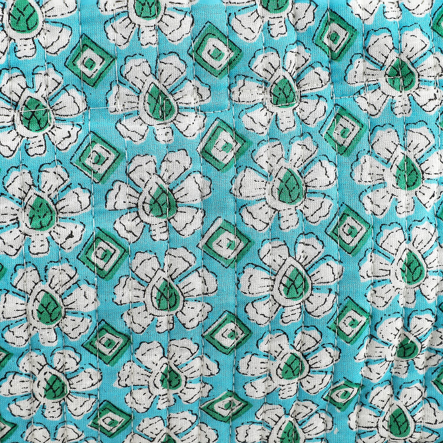 Set of 4- Floral Print Quilted Fabric Cosmetic Pouches - Turquoise Green & White