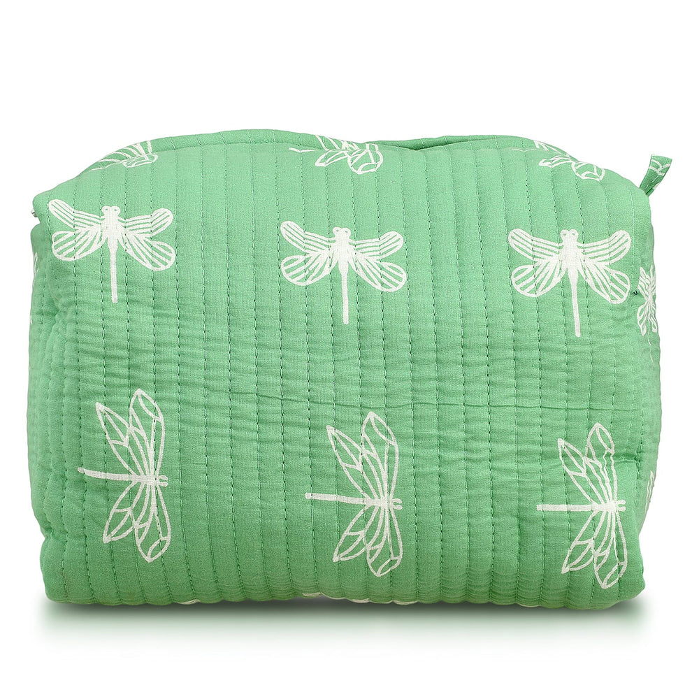 Set of 4- Cotton Hand - Block Insect Print Quilted Fabric Cosmetic Pouches - Green