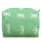 Set of 4- Cotton Hand - Block Insect Print Quilted Fabric Cosmetic Pouches - Green