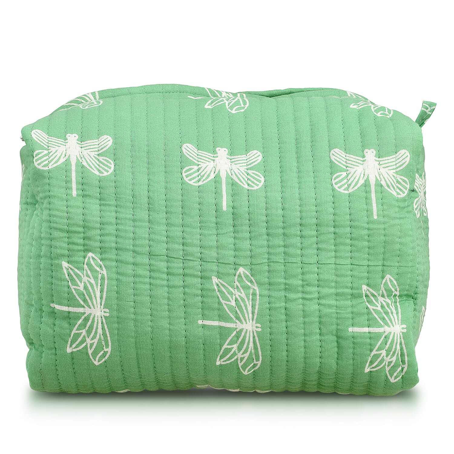 Set of 4- Cotton Hand - Block Insect Print Quilted Fabric Cosmetic Pouches - Green