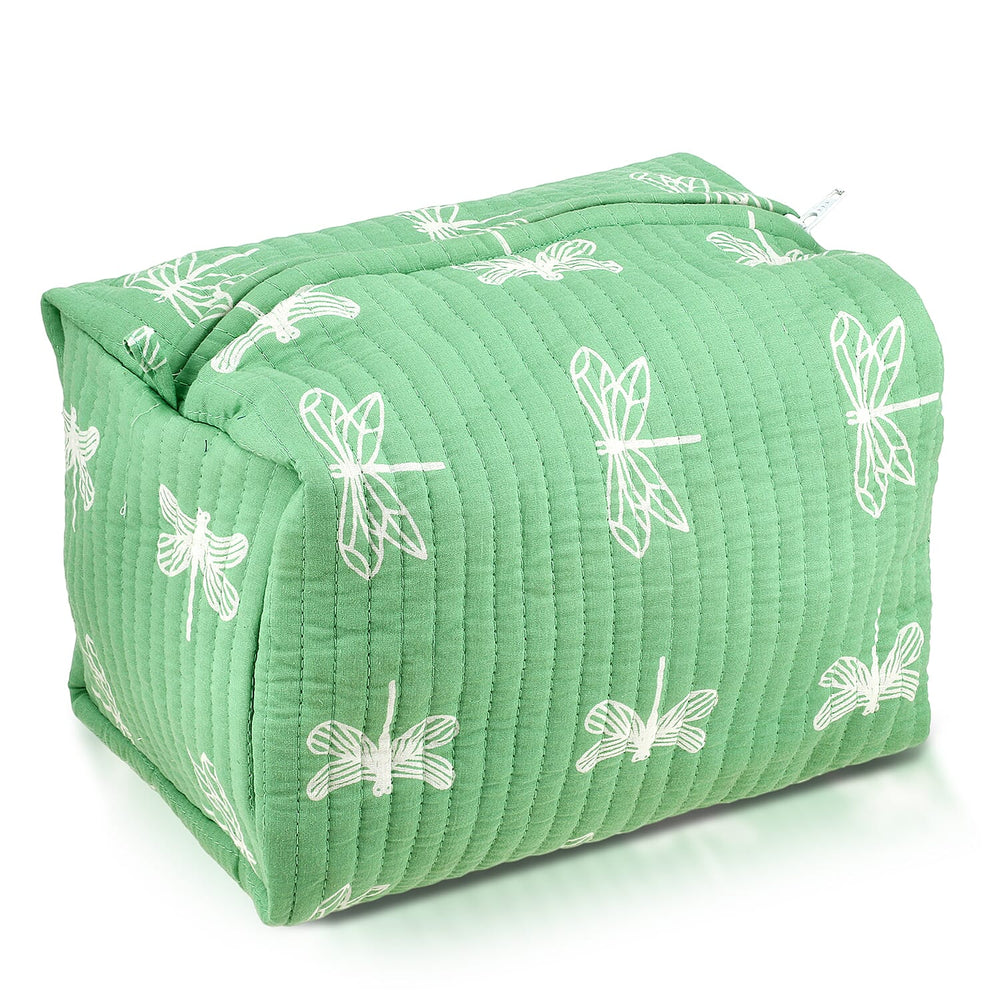 Set of 4- Cotton Hand - Block Insect Print Quilted Fabric Cosmetic Pouches - Green