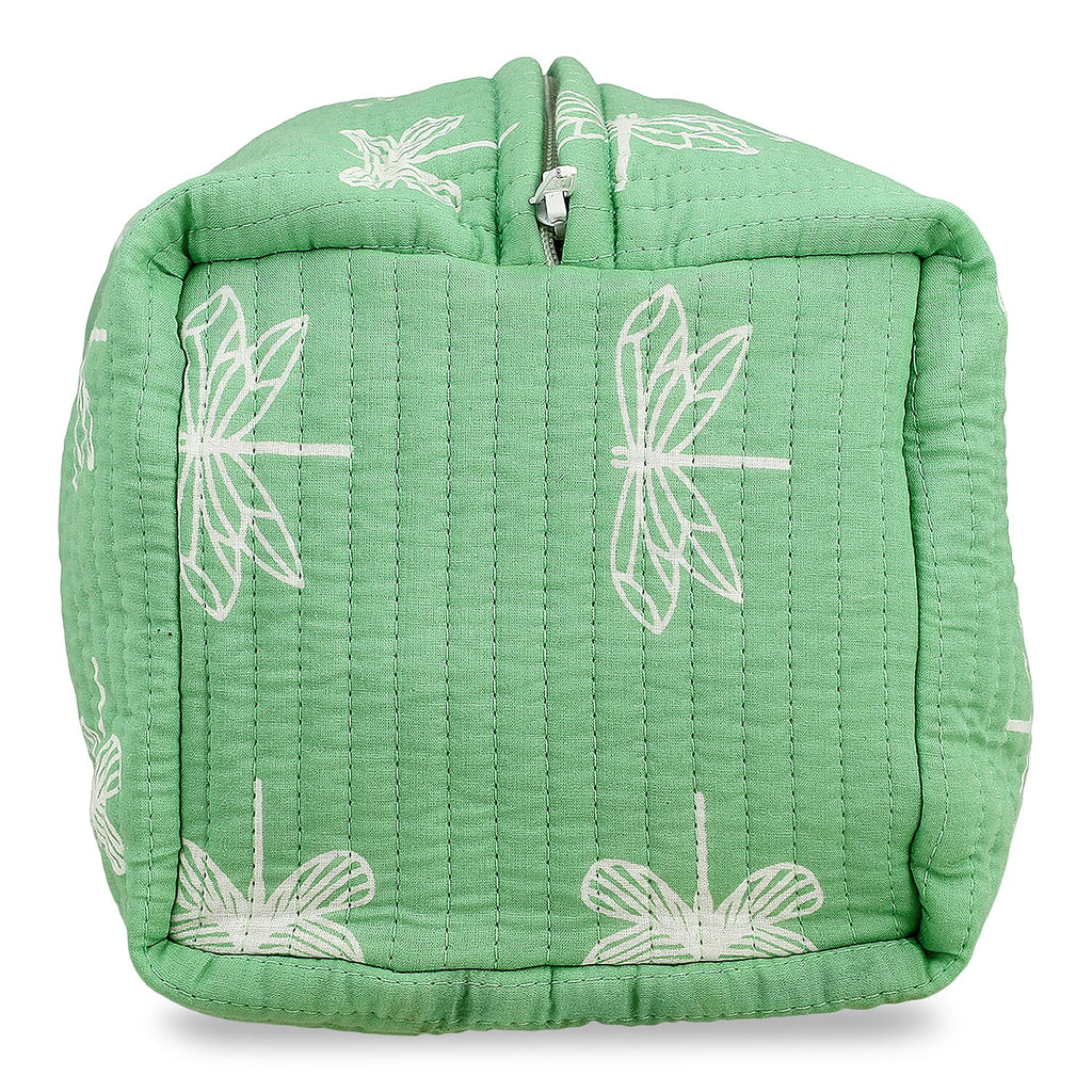 Set of 4- Cotton Hand - Block Insect Print Quilted Fabric Cosmetic Pouches - Green