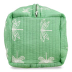 Set of 4- Cotton Hand - Block Insect Print Quilted Fabric Cosmetic Pouches - Green