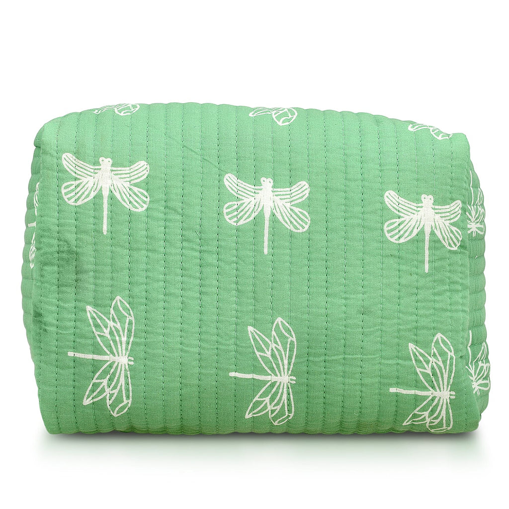 Set of 4- Cotton Hand - Block Insect Print Quilted Fabric Cosmetic Pouches - Green