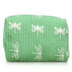 Set of 4- Cotton Hand - Block Insect Print Quilted Fabric Cosmetic Pouches - Green