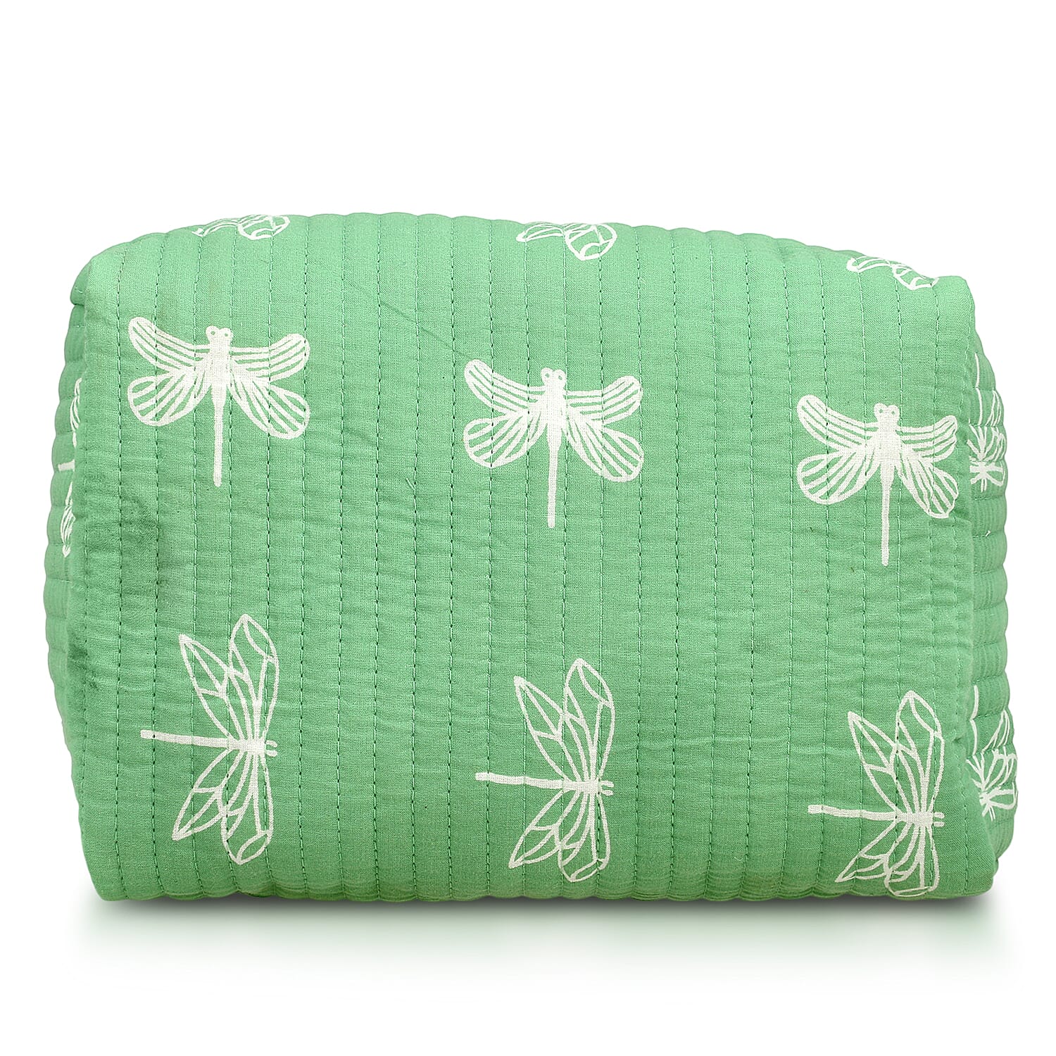 Set of 4- Cotton Hand - Block Insect Print Quilted Fabric Cosmetic Pouches - Green
