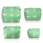 Set of 4- Cotton Hand - Block Insect Print Quilted Fabric Cosmetic Pouches - Green
