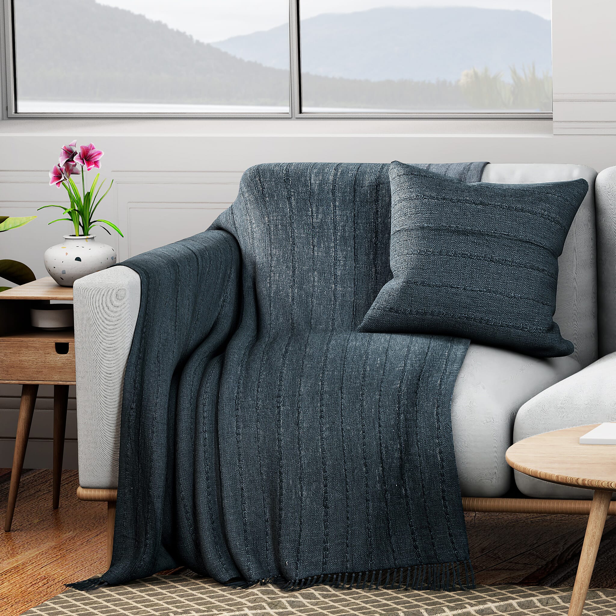 Solid Woven Cotton Slub Throw Blanket (218x152 cm) with Cushion Cover (Size 45x45 cm) - Blue